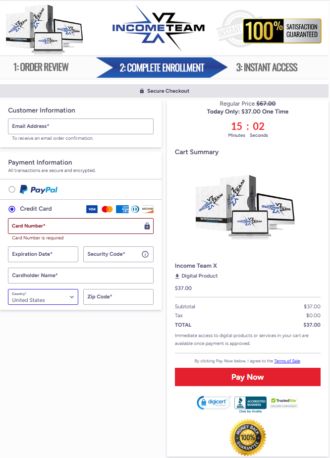 Income Team X Checkout Page